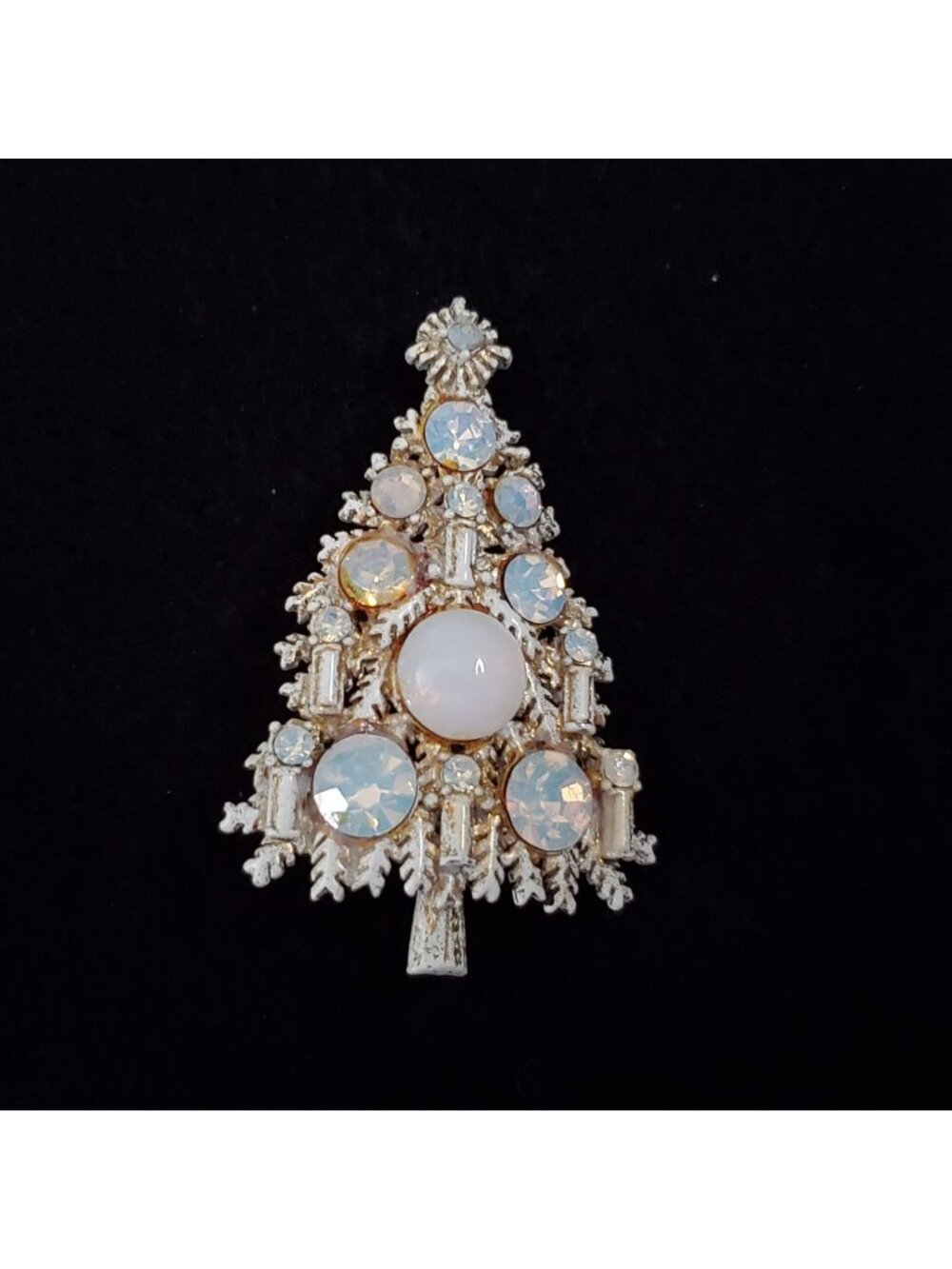 Vintage Hollycraft Christmas Tree Brooch Candle White Opalized 2.25"